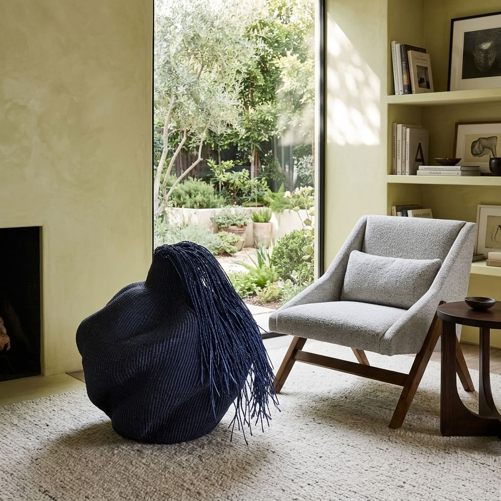 Black hairy wavy sculptural basket styled in an interior, alternate scene