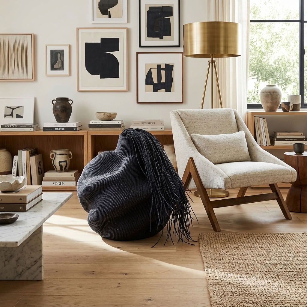 Black hairy wavy sculptural basket styled beside a chair in a modern living room