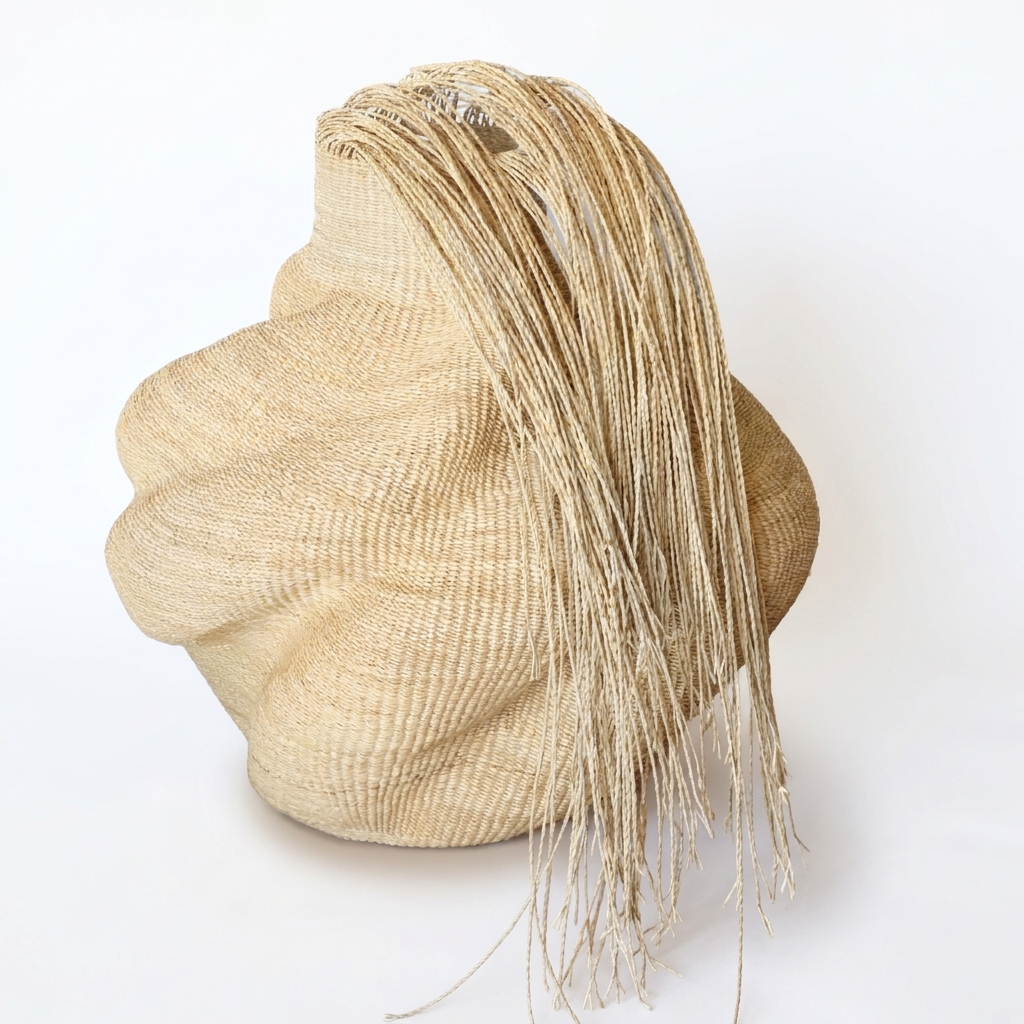 Hairy natural wavy sculptural basket, alternate angle on white
