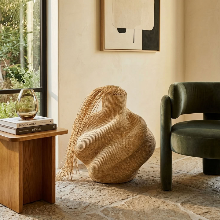 Natural hairy wavy sculptural basket styled in an interior, alternate scene