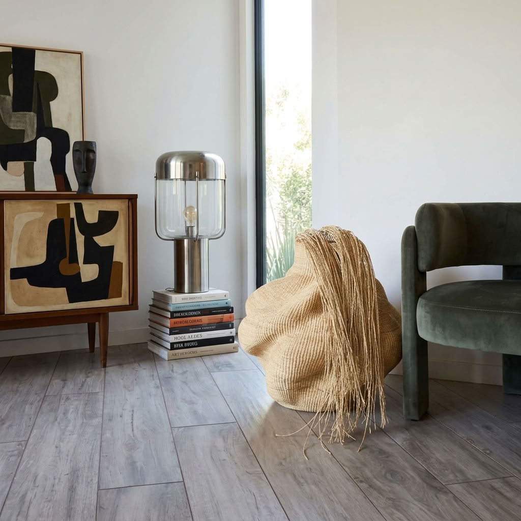 Natural hairy wavy sculptural basket styled in an interior