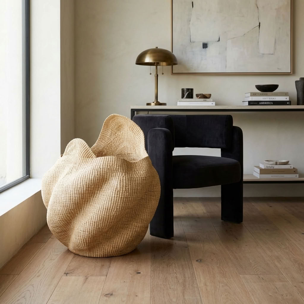 Open top natural wavy sculptural basket styled in an interior, alternate scene