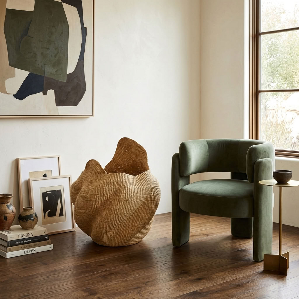 Open top natural wavy sculptural basket styled in an interior