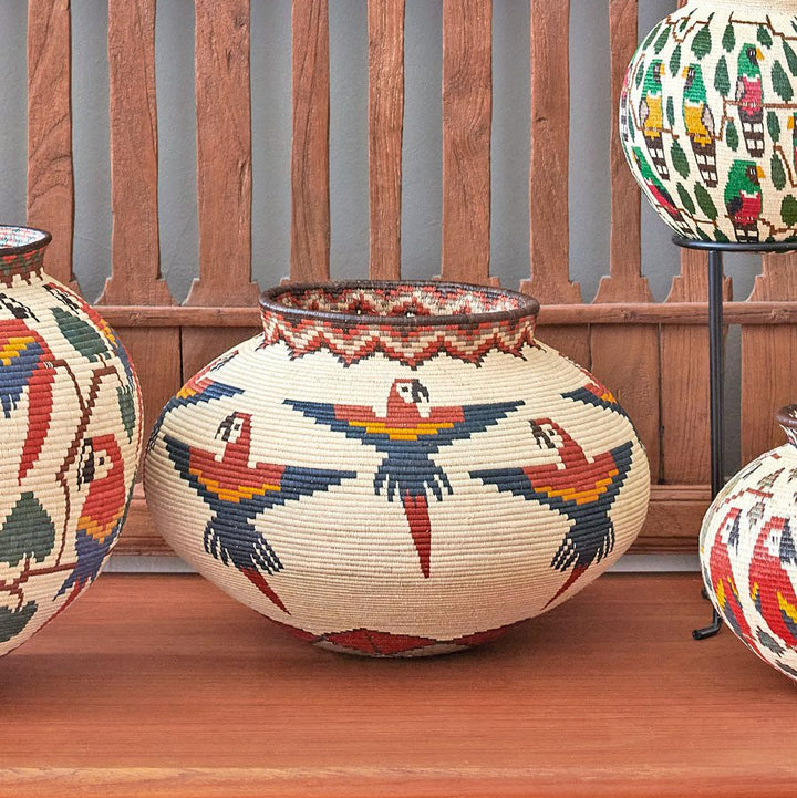 decorative Wounaan basket with vibrant macaws in flight pattern handwoven from werregue palm in Panama