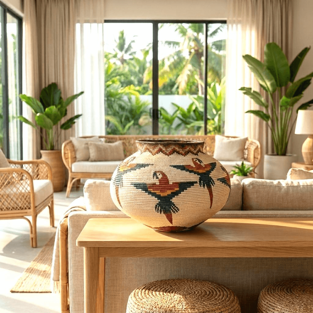 Woven basket table decor featuring macaws displayed in modern tropical living room interior setting