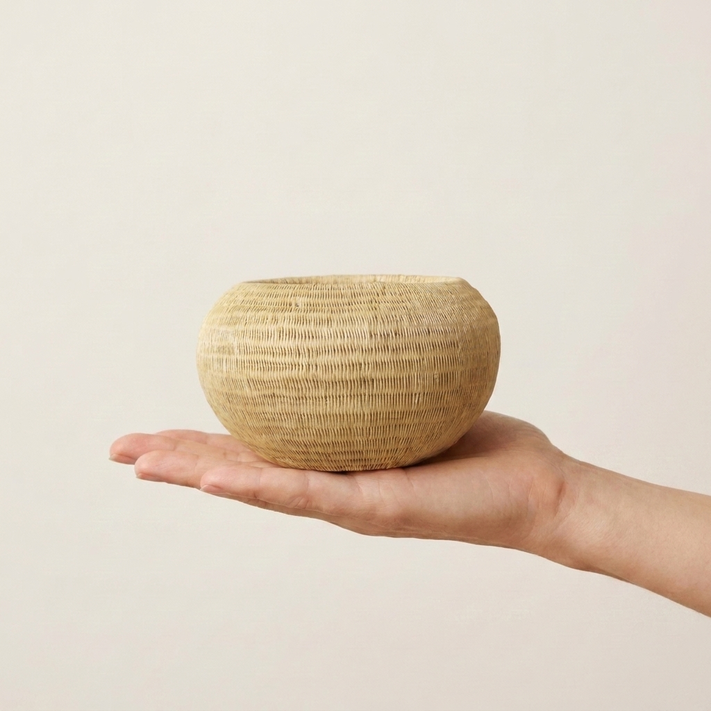Golden Straw Mini Basket, one of one werregue basket handwoven by Wounaan weavers in Chocó, Colombia, held in hand for scale