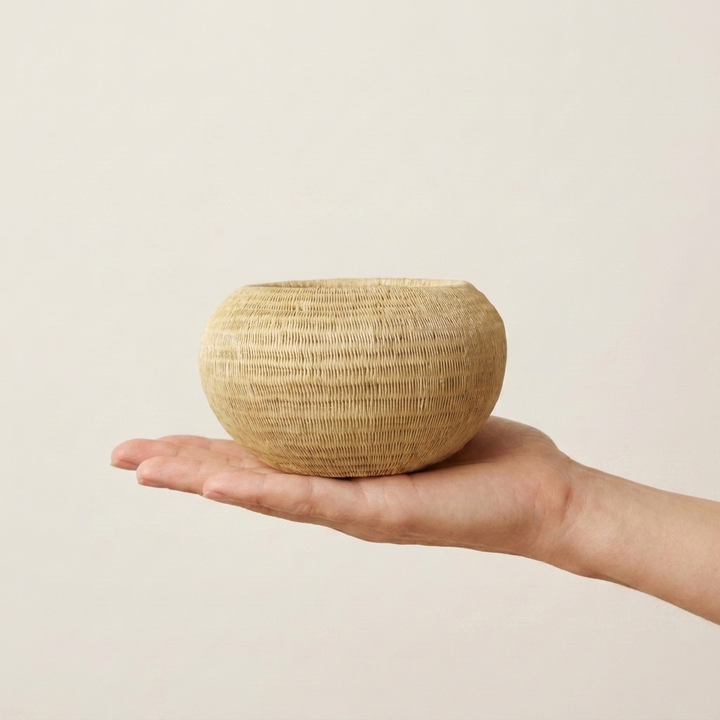 Golden Straw Mini Basket, one of one werregue basket handwoven by Wounaan weavers in Chocó, Colombia, held in hand for scale