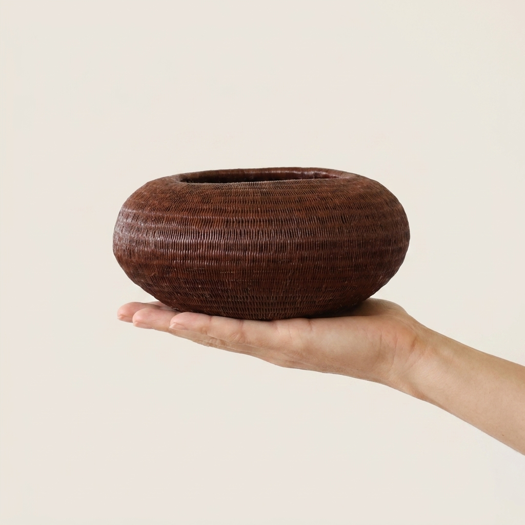 Cacao Bowl, one of one werregue basket handwoven by Wounaan weavers in Chocó, Colombia, held in hand for scale