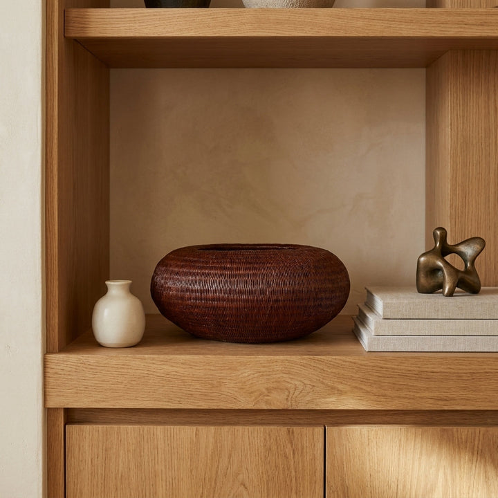 Cacao Bowl, one of one werregue basket handwoven by Wounaan weavers in Chocó, Colombia, styled on a shelf