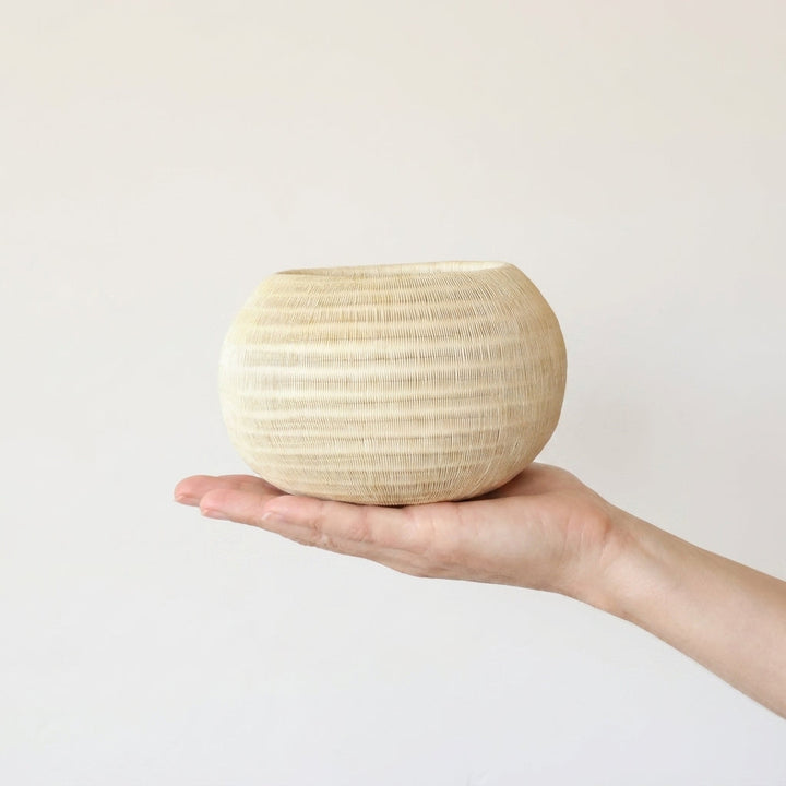 River Ivory Basket, one of one werregue basket handwoven by Wounaan weavers in Chocó, Colombia, held in hand for scale