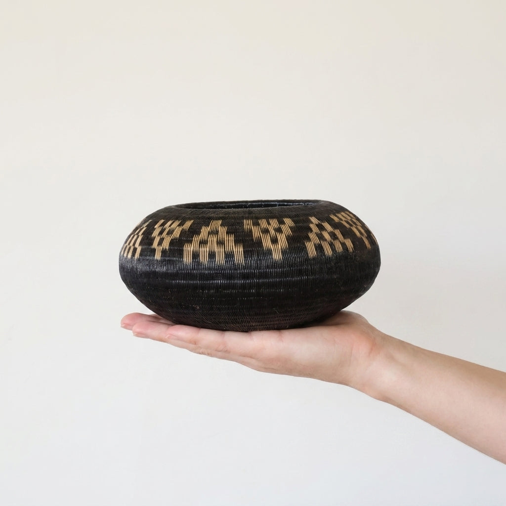 Checkered Shadow Basket, one of one werregue basket handwoven by Wounaan weavers in Chocó, Colombia, held in hand for scale