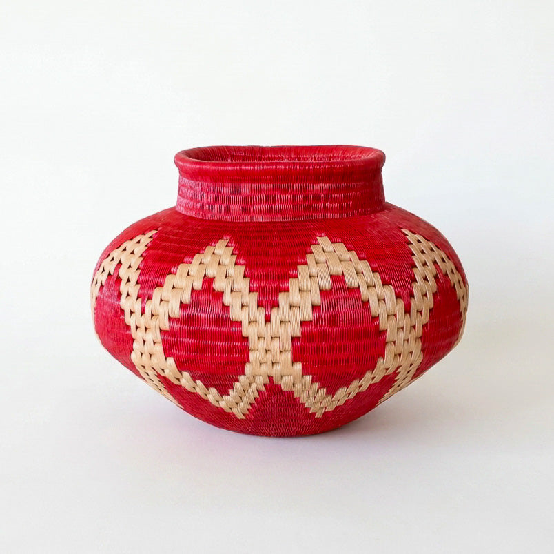 Scarlet Lattice Jar, one of one werregue basket handwoven by Wounaan weavers in Chocó, Colombia