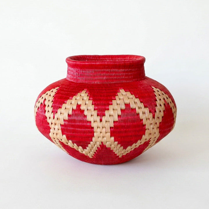 Scarlet Lattice Jar, one of one werregue basket handwoven by Wounaan weavers in Chocó, Colombia