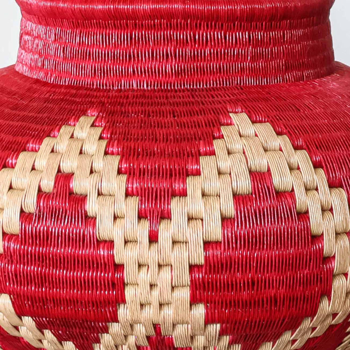Scarlet Lattice Jar, one of one werregue basket handwoven by Wounaan weavers in Chocó, Colombia, weave detail