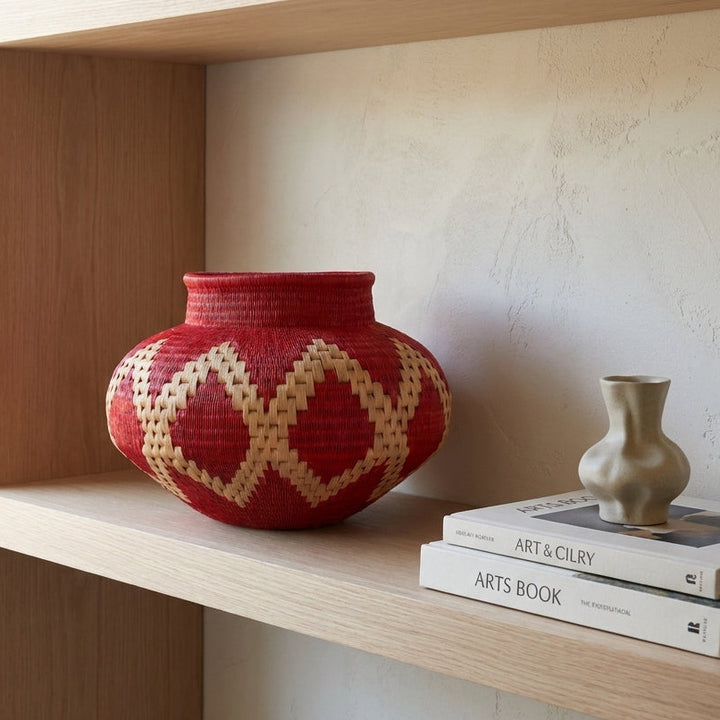 Scarlet Lattice Jar, one of one werregue basket handwoven by Wounaan weavers in Chocó, Colombia, styled on a shelf