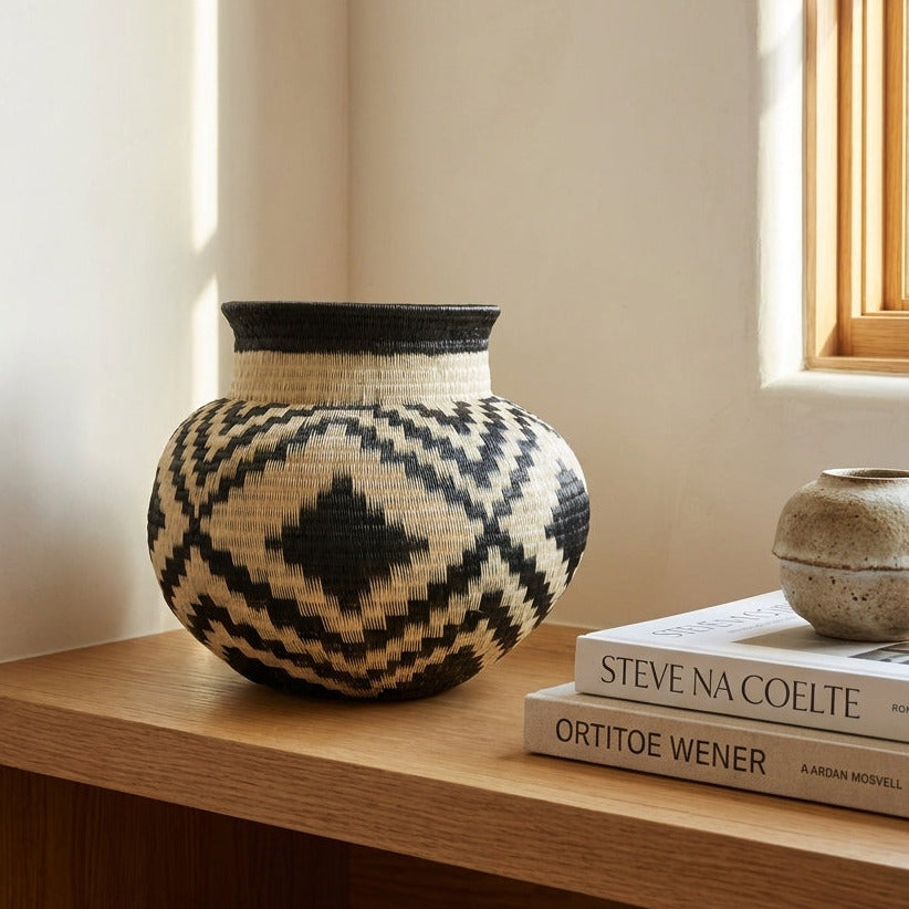 Diamond Path Jar, one of one werregue basket handwoven by Wounaan weavers in Chocó, Colombia, styled on a shelf
