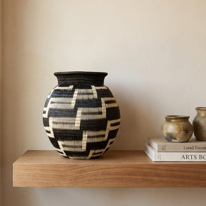 Maze Steps Jar, one of one werregue basket handwoven by Wounaan weavers in Chocó, Colombia, styled on a shelf
