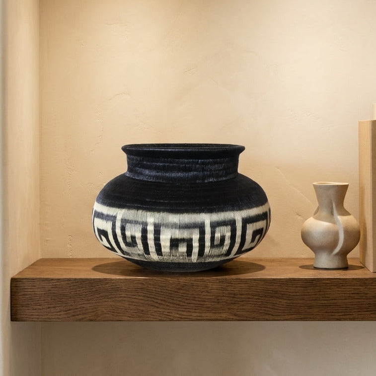Key Band Jar, one of one werregue basket handwoven by Wounaan weavers in Chocó, Colombia, styled on a shelf