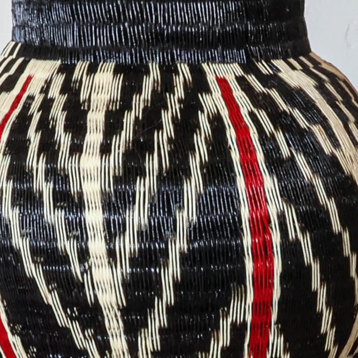 Feather and Ember Jar, one of one werregue basket handwoven by Wounaan weavers in Chocó, Colombia, weave detail