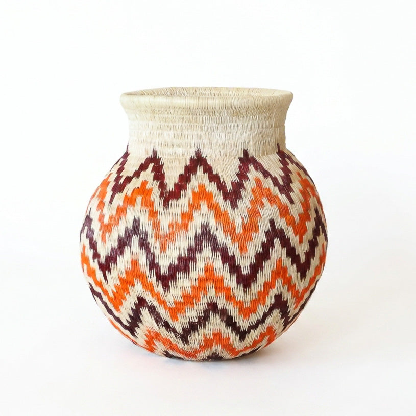 Flame Stitch Jar, one of one werregue basket handwoven by Wounaan weavers in Chocó, Colombia