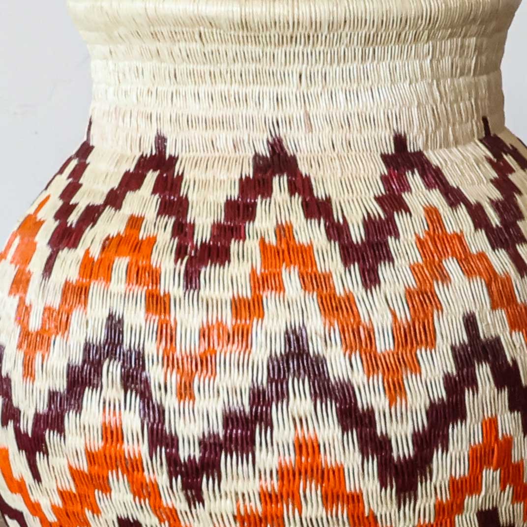 Flame Stitch Jar, one of one werregue basket handwoven by Wounaan weavers in Chocó, Colombia, weave detail