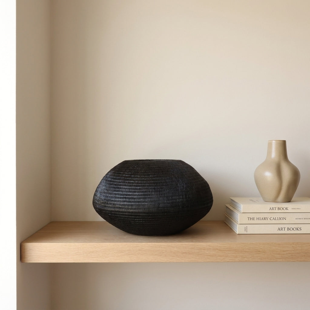 Black Halo Vessel, one of one werregue basket handwoven by Wounaan weavers in Chocó, Colombia, styled on a shelf