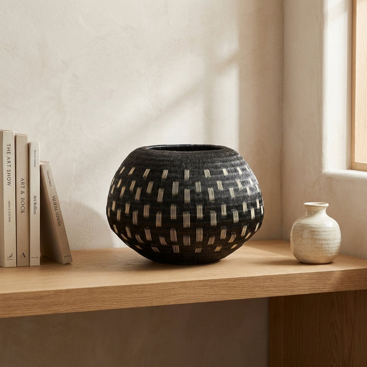 Falling Stitches Basket, one of one werregue basket handwoven by Wounaan weavers in Chocó, Colombia, styled on a shelf