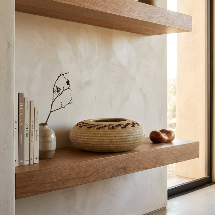 Earth Steps Disc, one of one werregue basket handwoven by Wounaan weavers in Chocó, Colombia, styled on a shelf