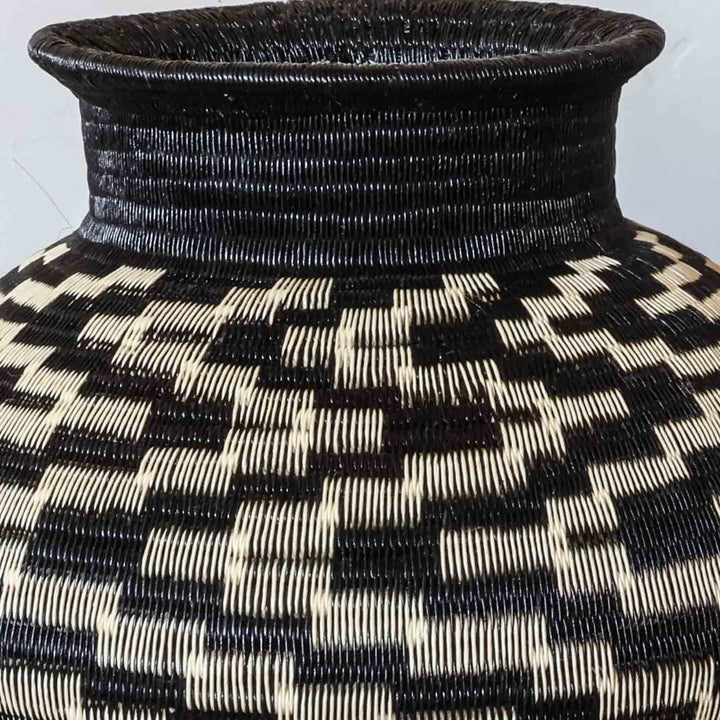 Scattered Steps Jar, one of one werregue basket handwoven by Wounaan weavers in Chocó, Colombia, weave detail