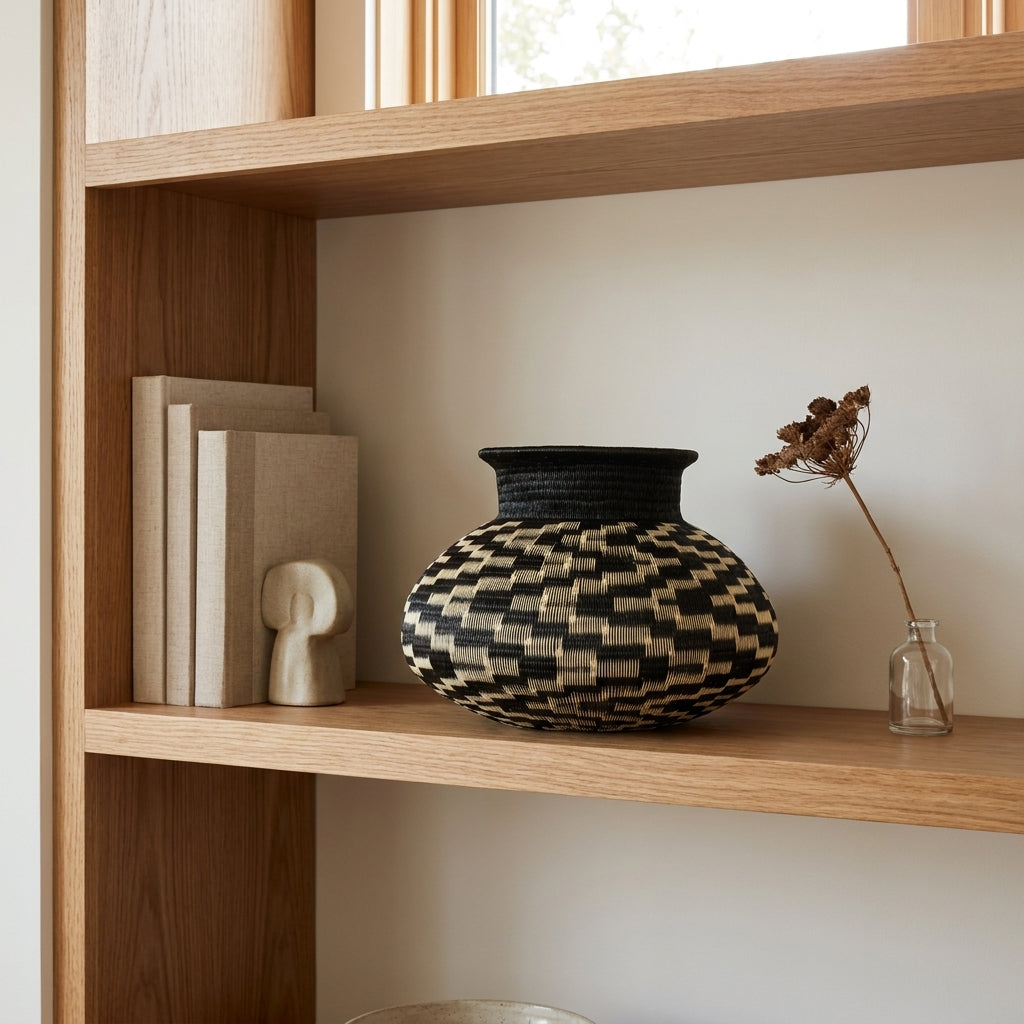 Scattered Steps Jar, one of one werregue basket handwoven by Wounaan weavers in Chocó, Colombia, styled on a shelf