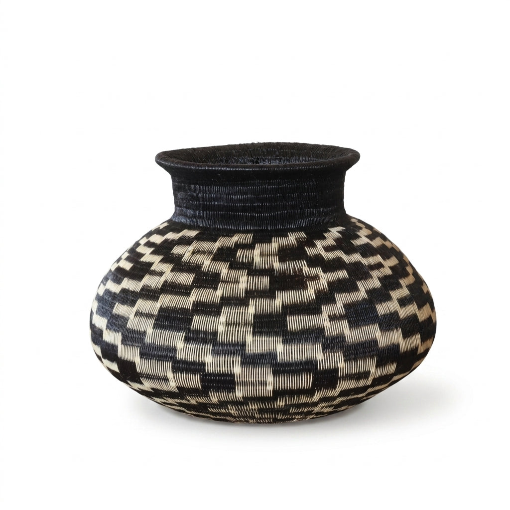 Scattered Steps Jar, one of one werregue basket handwoven by Wounaan weavers in Chocó, Colombia