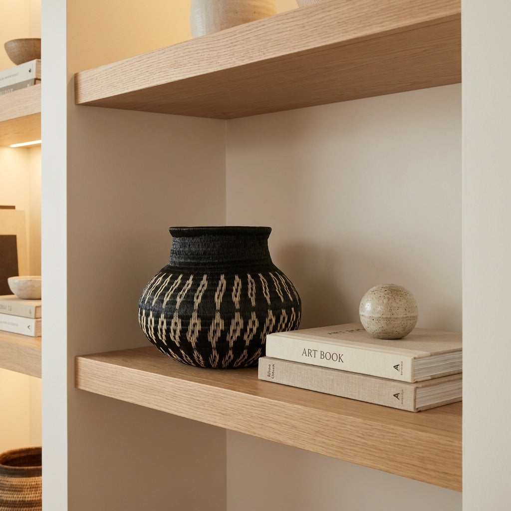 Ivory Chains Basket, one of one werregue basket handwoven by Wounaan weavers in Chocó, Colombia, styled on a shelf