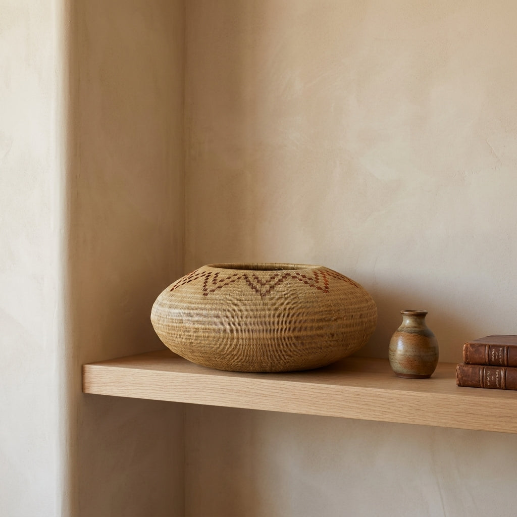 Copper Crown Vessel, one of one werregue basket handwoven by Wounaan weavers in Chocó, Colombia, styled on a shelf