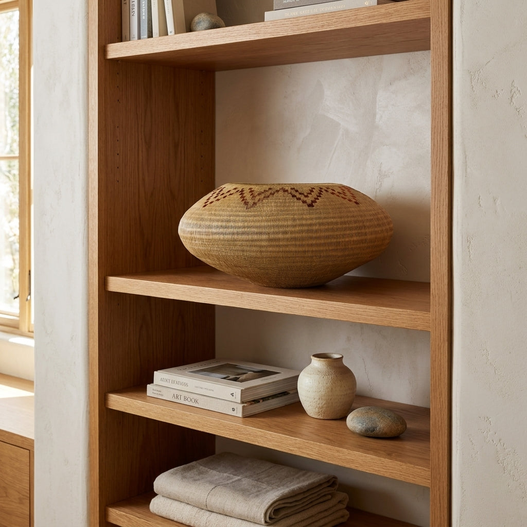 Copper Crown Vessel, one of one werregue basket handwoven by Wounaan weavers in Chocó, Colombia, styled on a shelf