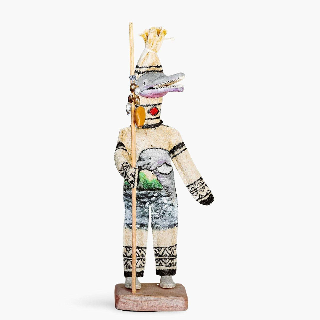 Ticuna ceremonial doll depicting Dolphin Keeper spirit with traditional Amazon colors and sacred markings