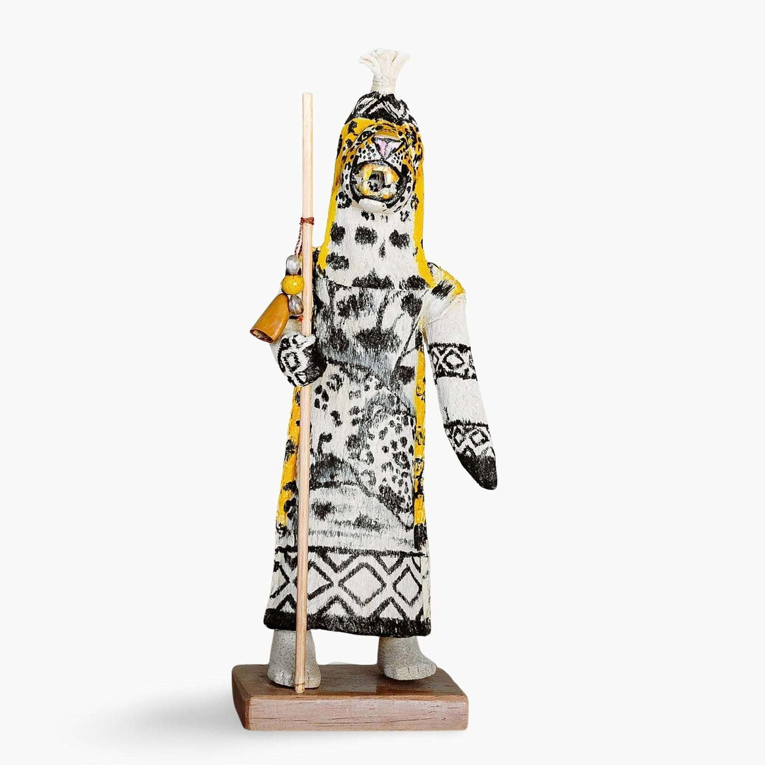 Handmade spotted jaguar ceremonial doll by Ticuna artisans from Colombian Amazon rainforest