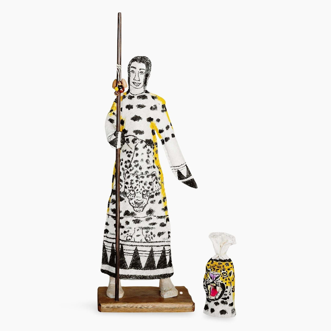 Front view showing traditional Ticuna weaving technique and natural fiber construction of jaguar spirit figure with mask removed