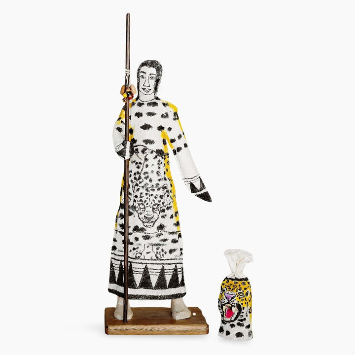 Front view showing traditional Ticuna weaving technique and natural fiber construction of jaguar spirit figure with mask removed