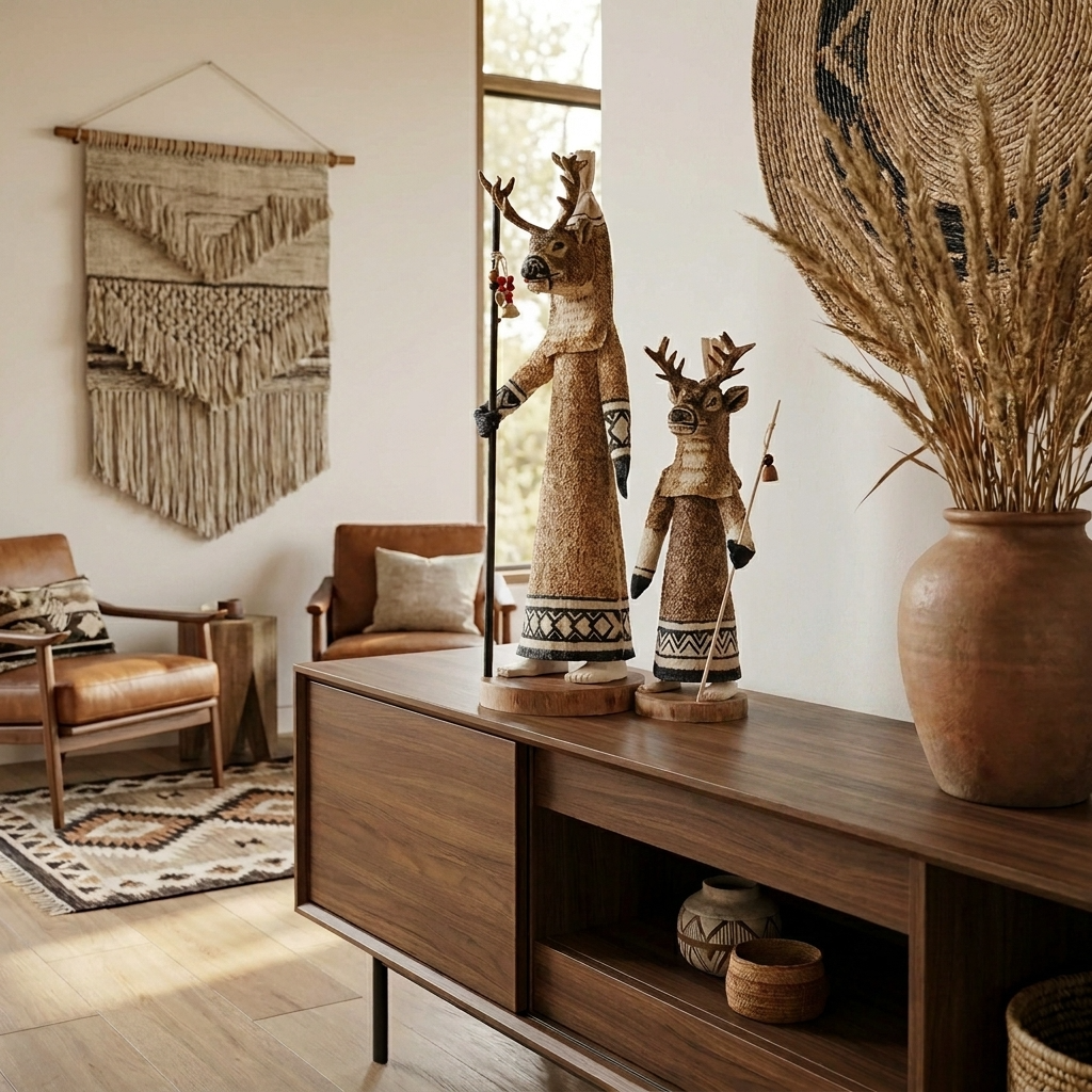 ticuna dolls placed on a console table styled in a modern tribal interior