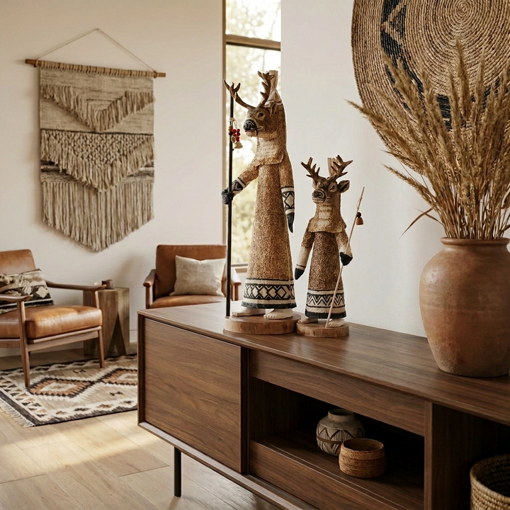 ticuna dolls placed on a console table styled in a modern tribal interior