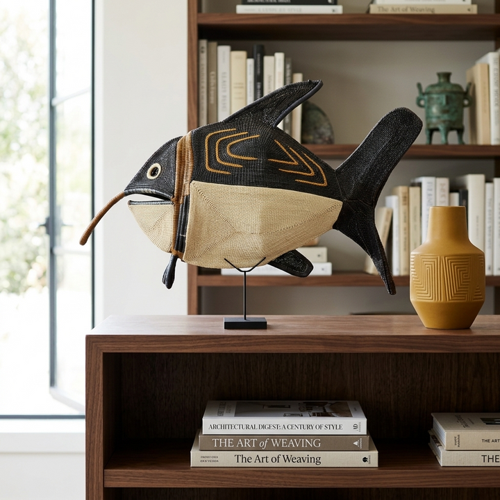 Woven Embera fish sculpture on a stand styled on a shelf with books and a vase