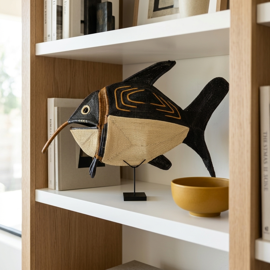 Woven Embera fish with a black and tan body on a display stand on a shelf