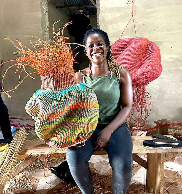 Crimson Wave Handmade Basket - Sculptural Ghana Woven Decor