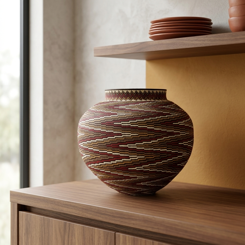 Fiery mosaic Wounaan basket staged on a walnut sideboard