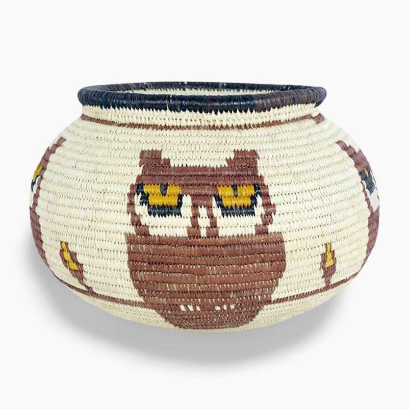 Large yellow-eyed owls handmade basket with intricate werregue palm weaving by Wounaan artisans from Panama