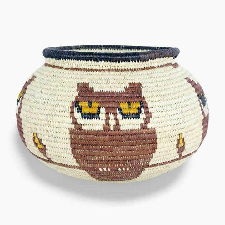 Large yellow-eyed owls handmade basket with intricate werregue palm weaving by Wounaan artisans from Panama