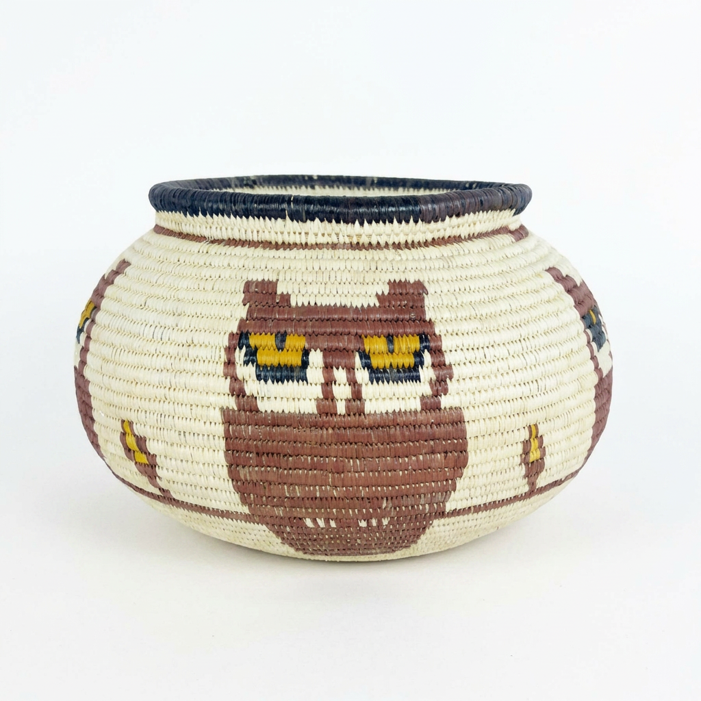 Yellow-Eyed Owls Handmade Basket - Wounaan Art