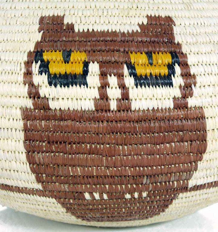 Close-up detail of yellow owl eyes pattern in traditional Wounaan coil weaving technique with natural dyes