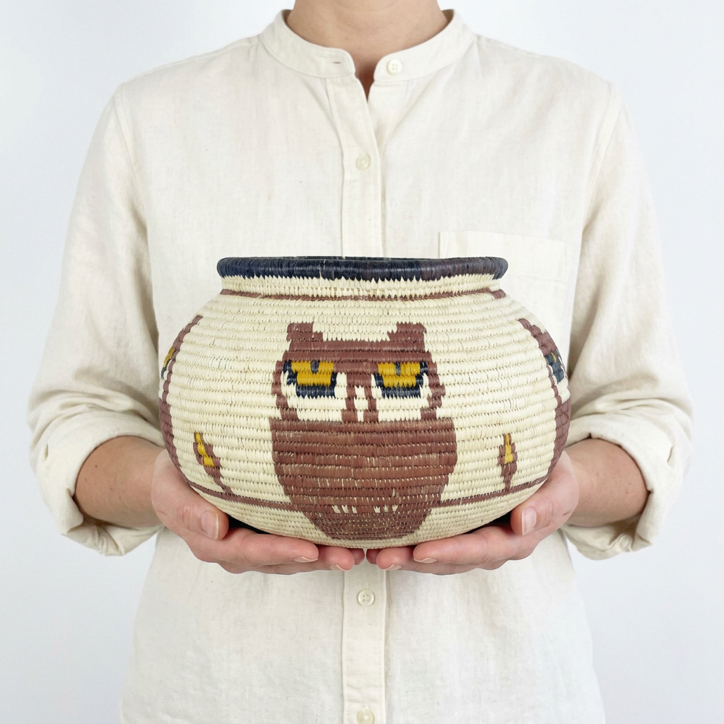 Yellow-Eyed Owls Handmade Basket - Wounaan Art