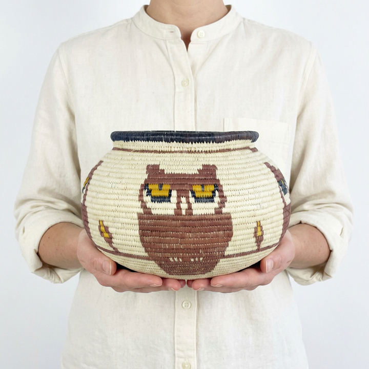 Yellow-Eyed Owls Handmade Basket - Wounaan Art